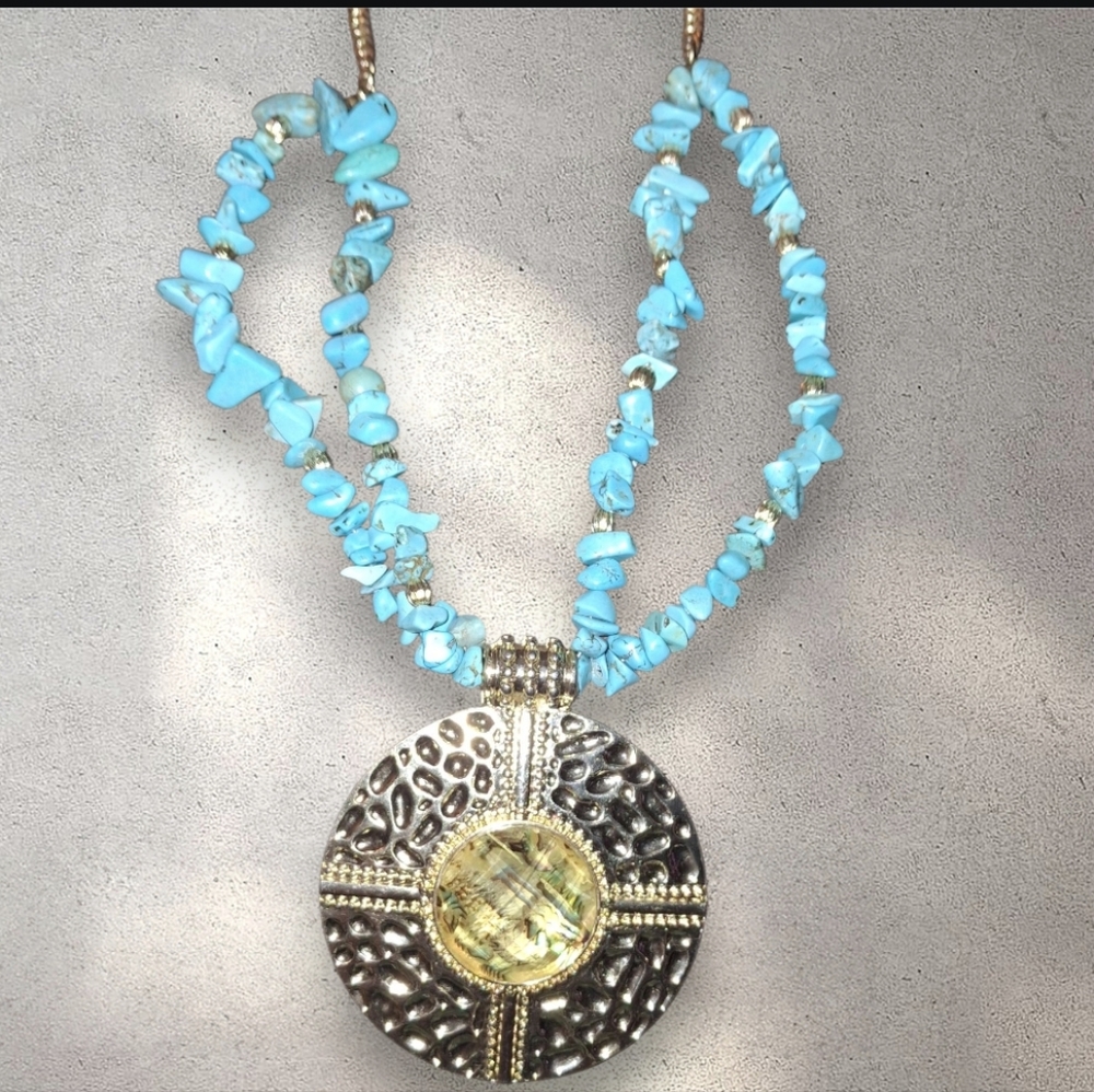 Turquoise Chip Multistrand Gold Statement Abalone Pendant Necklace
